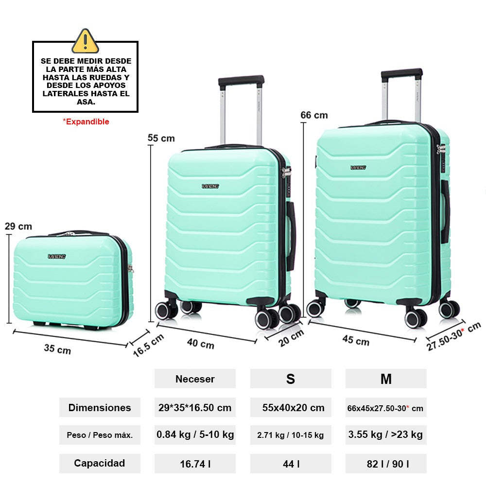 Juego de 3 Maletas 55x40x20cm ABS+Policarbonato | Maleta Mediana Expandible 66x45x27.50 - 30cm Extendido - 23kg | Neceser 29cm | Semirrígida trolley 4 ruedas giratorios a 360º cierre numérico - Negro/AzulMarino/RosaDorado/Turquesa/Menta/Verde/Amarillo/Ros