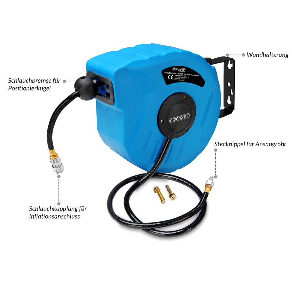 MONZANA® Manguera de Aire Reel 10M+1M Retroalimentación Automática Conexión 1/4" 12 Bar Ø12Mm Enroscador de Manguera Automático Montaje en Pared de Manguera de Aire