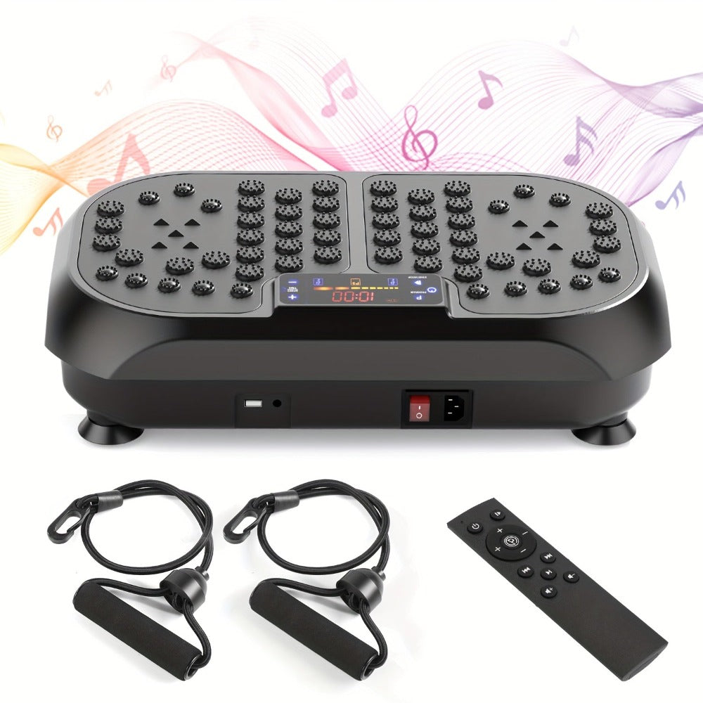 Plataforma de vibración inteligente con ajuste de 99 posiciones, masaje electromagnético y almohadilla Shiatsu para pies | Música USB, banda de resistencia | Plataforma de adelgazamiento silenciosa para pérdida de peso, escultura muscular, entrenamientos