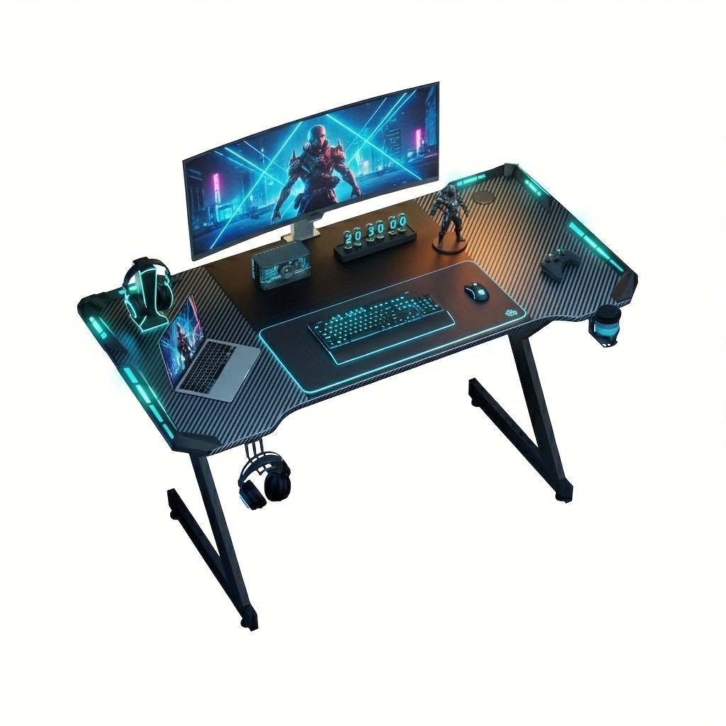 Escritorios de oficina y estaciones de trabajo para computadora con luces LED, escritorio ergonómico para gaming con superficie de fibra de carbono, estación de trabajo robusta para PC para hogar/oficina con gancho para auriculares, portavasos,
