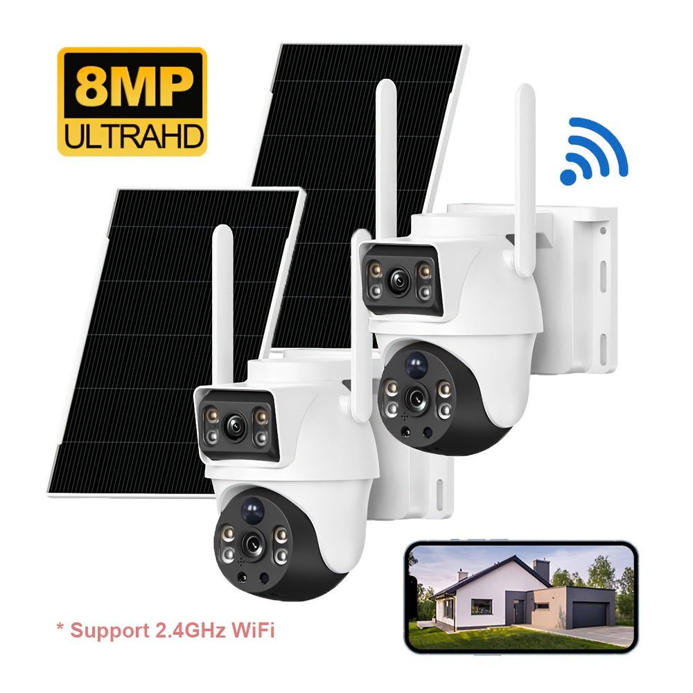 2 Cámaras WiFi de 8MP con Doble Lente, Visión Nocturna a Color, Ángulo de 360°, Audio Bidireccional, Detecção PIR y Alimentación Solar, Compatible con Red 2.4G