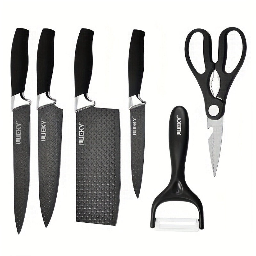 Un juego de 6 cuchillos de cocina para chef con hojas de acero inoxidable, famosos por su filo y durabilidad. Este juego incluye un mango ergonómico, tijeras y un pelador, todos resistentes al óxido y fáciles de mantener.