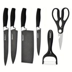 Un juego de 6 cuchillos de cocina para chef con hojas de acero inoxidable, famosos por su filo y durabilidad. Este juego incluye un mango ergonómico, tijeras y un pelador, todos resistentes al óxido y fáciles de mantener.
