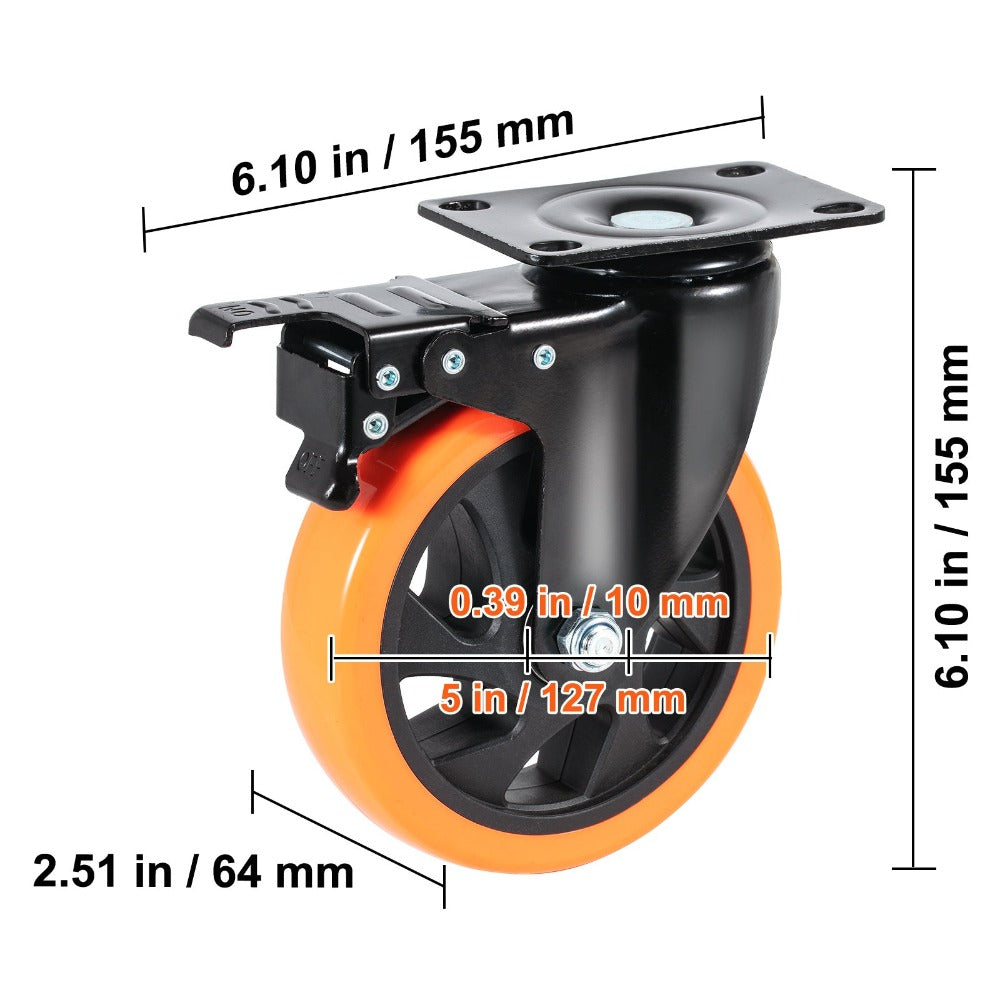 Ruedas Giratorias VEVOR, Placa Giratoria de 5 Pulgadas, Juego de 4, con Bloqueo de Seguridad A/B, Ruedas de PVC Silenciosas, Capacidad de Carga de 450 lbs por Rueda, Ruedas Sin Marcas para Carritos y Bancos de Trabajo