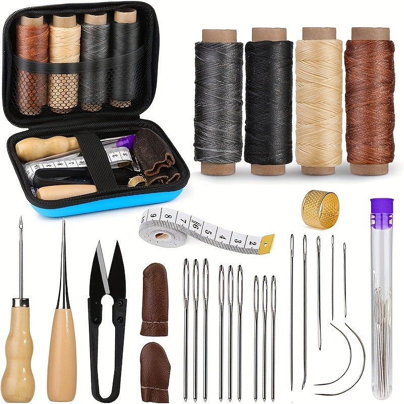 Juego completo de kits de costura de cuero - Esenciales para hacer y reparar cuero para manualidades, tapicería y proyectos DIY - Incluye agujas de costura de ojo grande, hilos de cera y herramientas para artesanos de cuero
