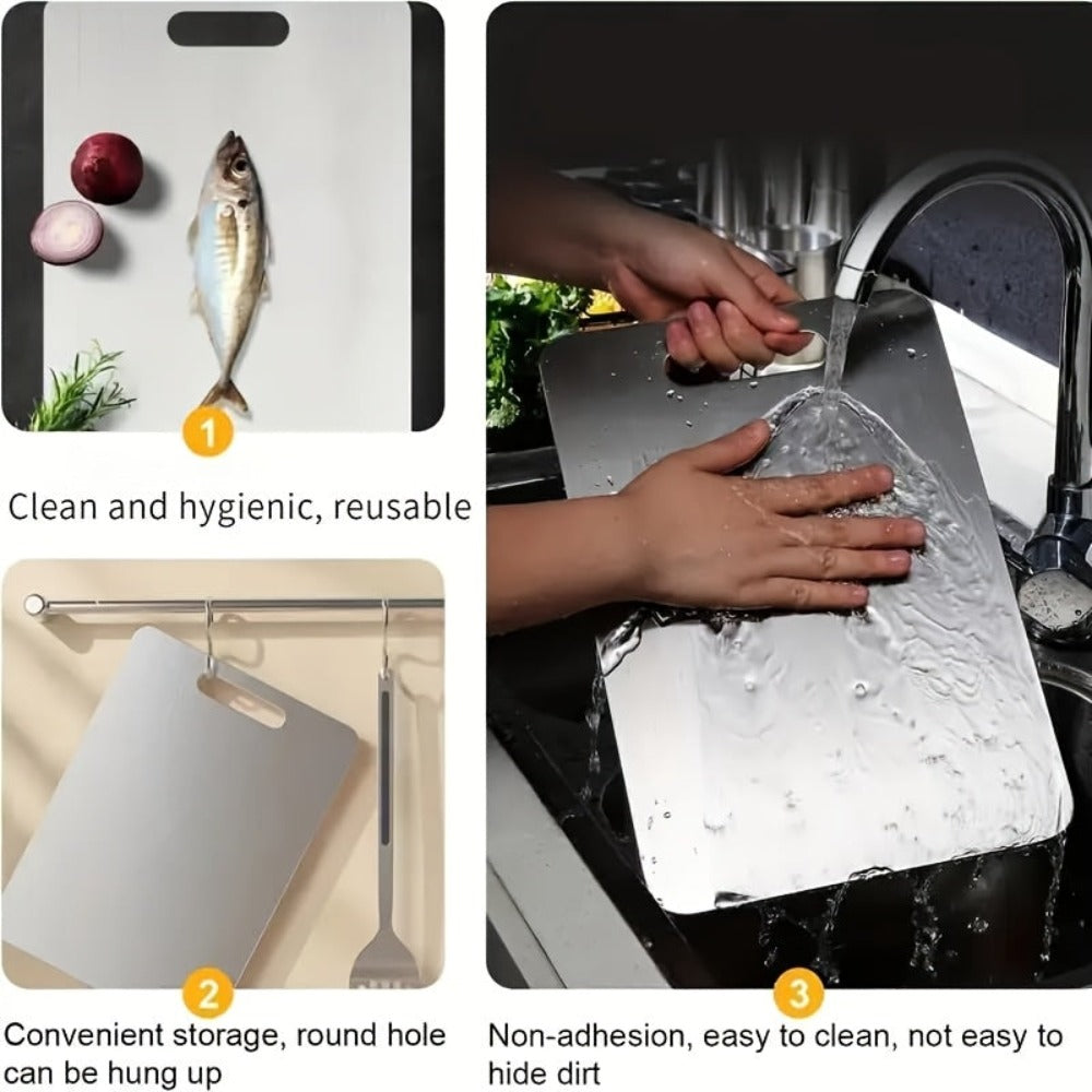 Juego de 3 tablas de cortar de acero inoxidable, diseño portátil, duraderas, fáciles de limpiar, pueden estar en contacto directo con alimentos, aptas para cortar frutas, verduras, carne y pan, varios tamaños para satisfacer necesidades diarias.