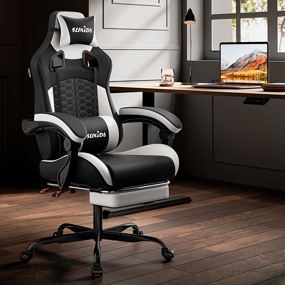 Silla Gaming, Silla Esports, Silla Gaming Ergonómica con Reposapiés, Silla Gaming de Carreras con Reposacabezas Ajustable, Silla de Ordenador con Altura Ajustable y Soporte Lumbar, Adecuada para Oficina en Casa y Gaming, Beige, Azul, Negro, Rojo, Naranja