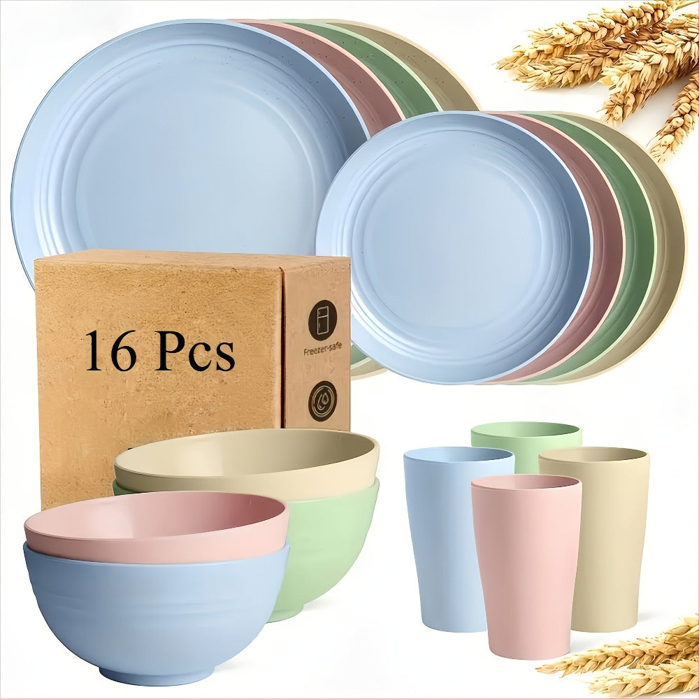 Juego de vajilla duradero de 32/16 piezas de paja de trigo - Apto para microondas y lavavajillas - Platos, cuencos y tazas reutilizables - ¡Perfecto para uso diario!