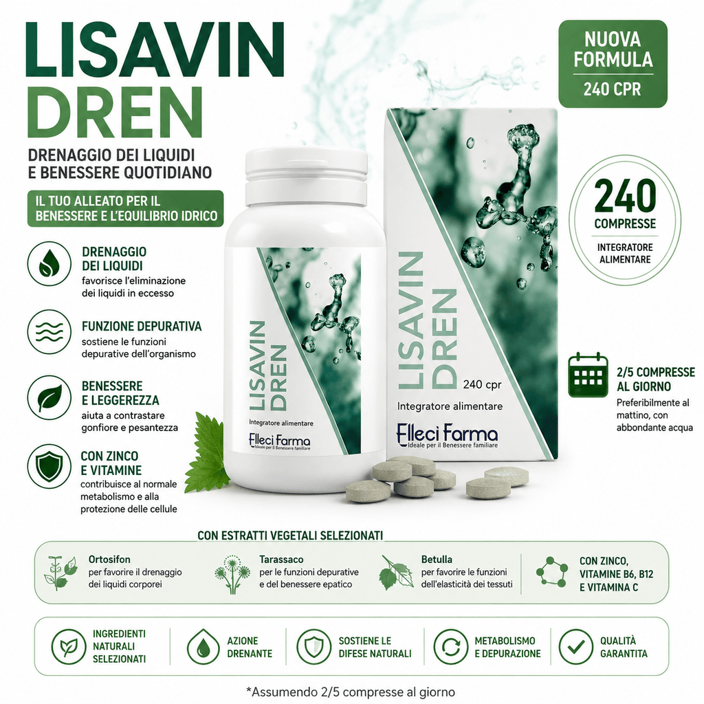LisavinDren – Suplemento Dietético con Orthosiphon, Bromelina, Hinojo, Gymnema, Diente de León, Vitaminas y Minerales – 240 Tabletas