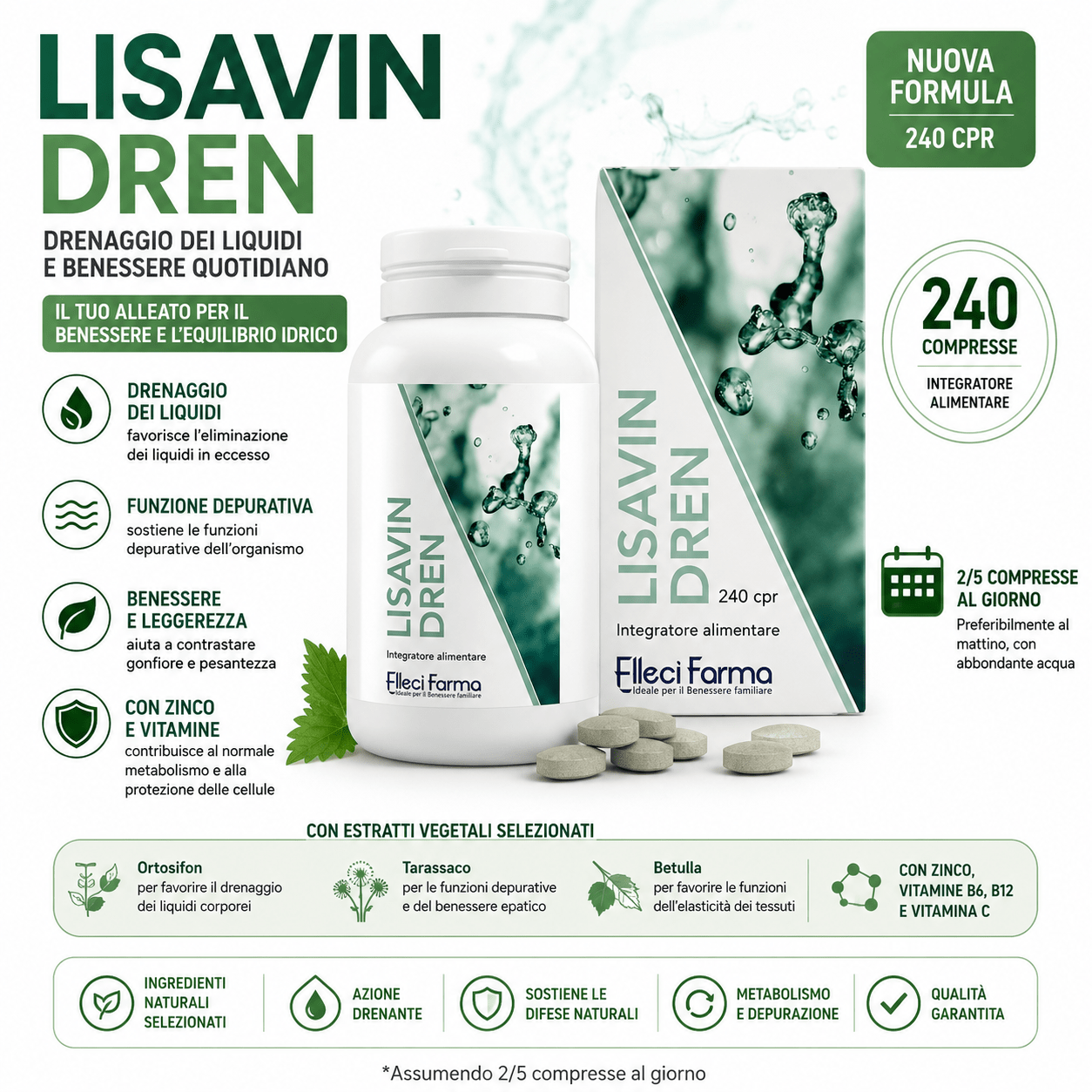 LisavinDren – Suplemento Dietético con Orthosiphon, Bromelina, Hinojo, Gymnema, Diente de León, Vitaminas y Minerales – 240 Tabletas