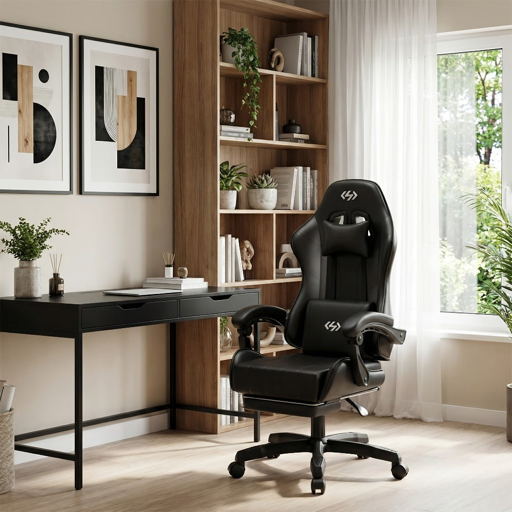 Silla de gaming ergonómica con inclinación ajustable y reposapiés, silla de oficina con reposacabezas y soporte lumbar, hecha de material duradero, ideal para trabajo y ocio