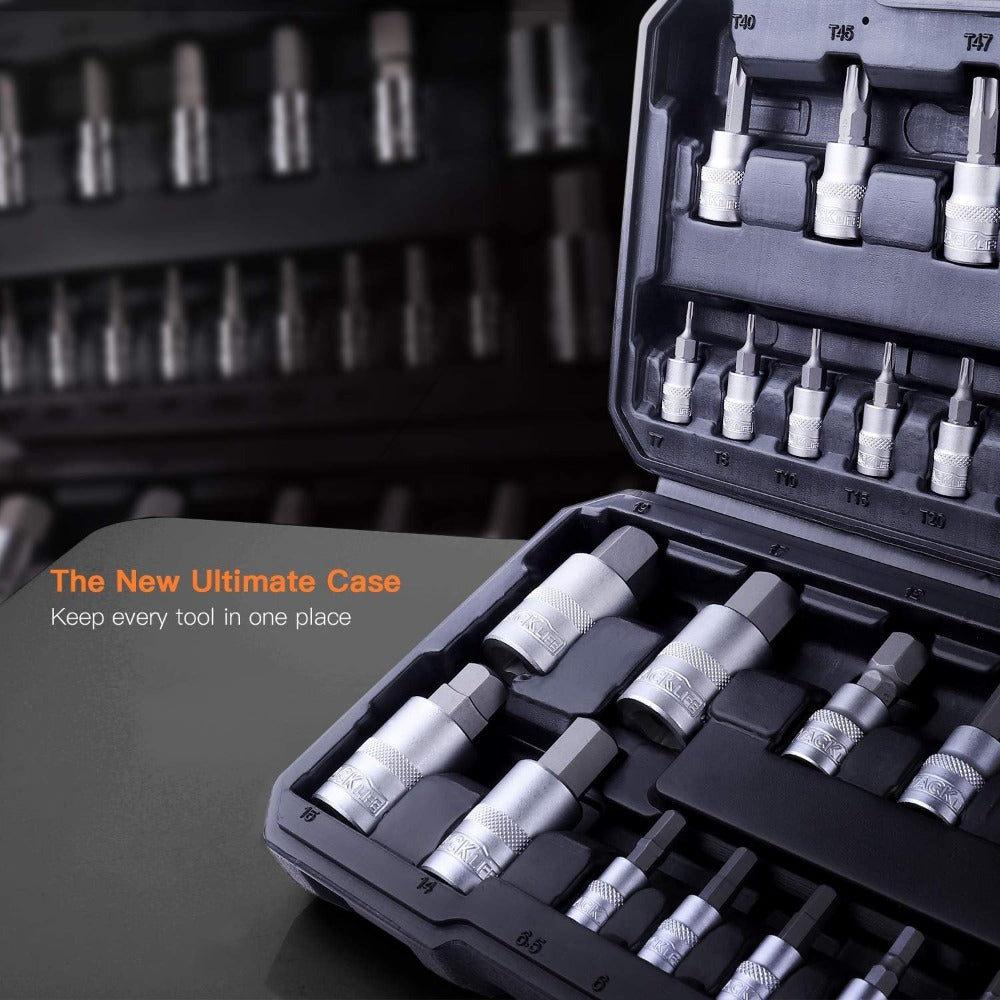 TAckLIFE Juego de 33 Piezas de Brocas Torx y Hexagonal 1/4", 3/8", 1/2" en Acero S2 y Cr-V con Estuche de Almacenamiento Duradero