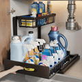 1 estante ajustable para debajo del fregadero, un estante extraíble de metal diseñado para ahorrar espacio con un organizador de doble capa para gabinetes de cocina, perfecto para organizar y despejar tu área de fregadero. Este estante de cocina moderno c