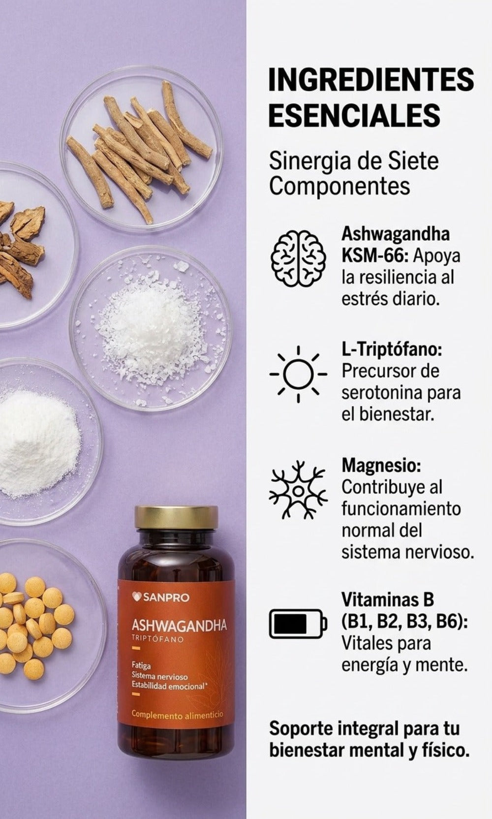 Ashwagandha + Triptófano Complex 7 en 1 | 120 Cápsulas Veganas | Magnesio, Vitaminas B1, B2, B3 y B6 | Fabricado en España y con Calidad Certificada | San Pro