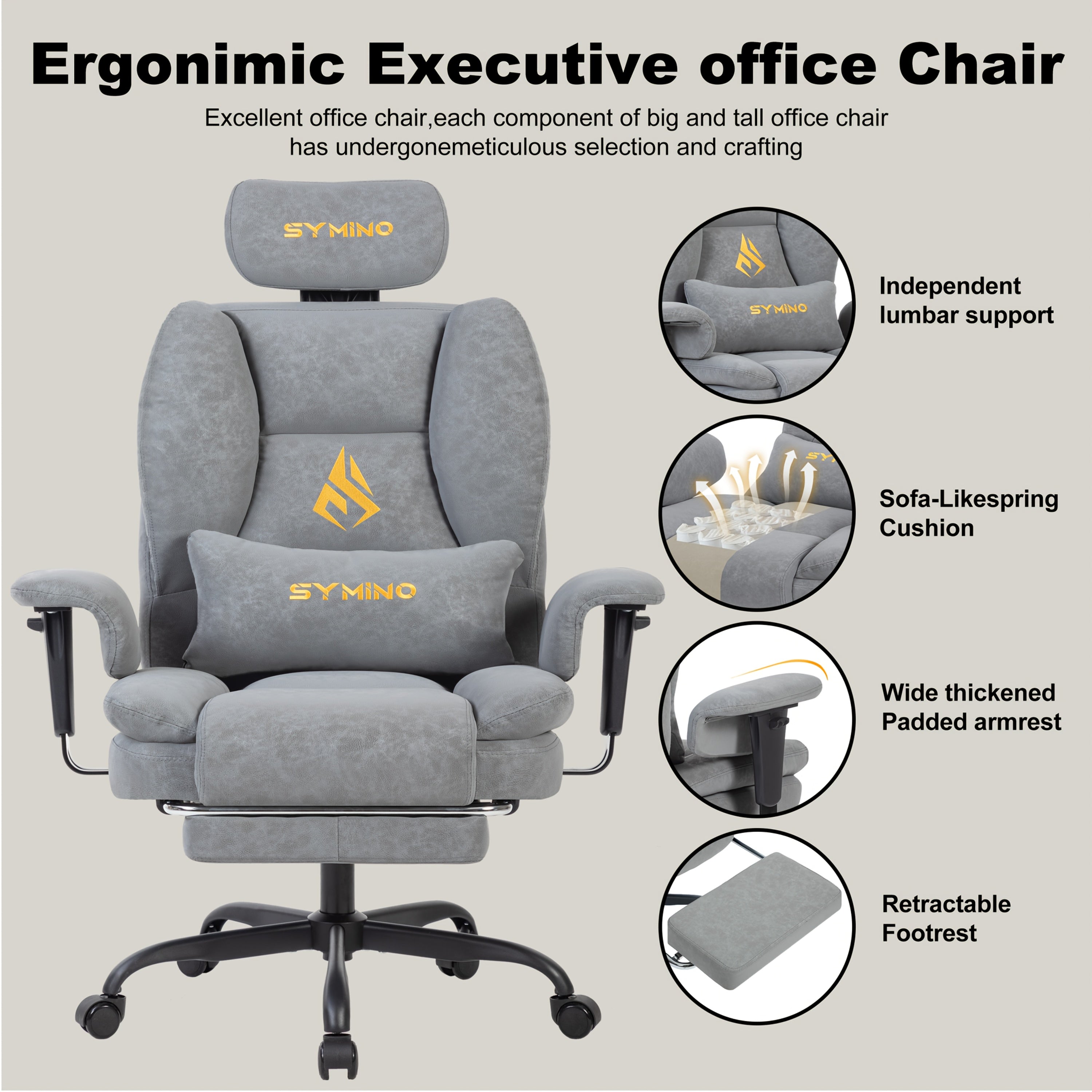 Silla de gaming SYMINO, silla de oficina ergonómica de piel PU con soporte lumbar - Silla de escritorio reclinable para computadora para adultos, asiento de videojuegos estilo carreras (altura y reposacabezas ajustables)