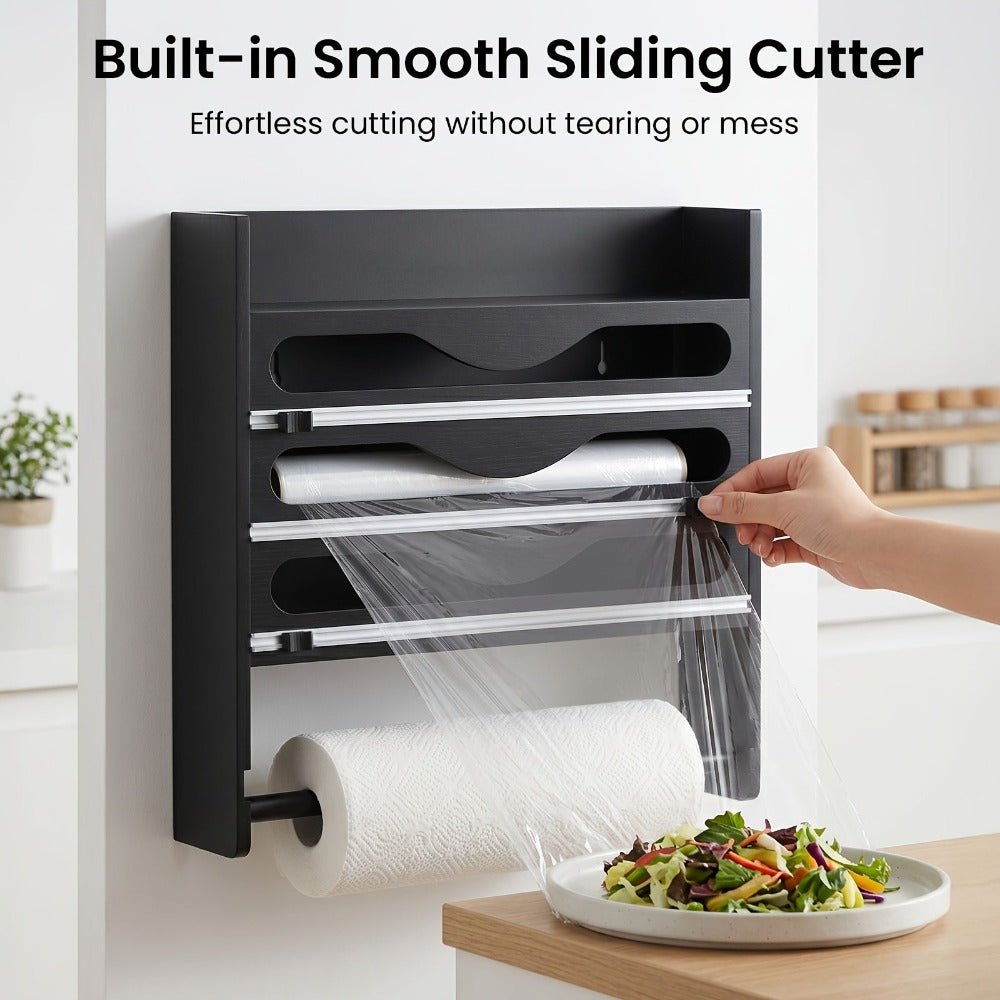 Dispensador de Papel Aluminio con Cortador, Reutilizable, Ahorra Espacio, Ideal para Almacenamiento en Cocina, Adecuado para Bolsas de Plástico, Film Transparente y Papel Aluminio, Montaje en Pared