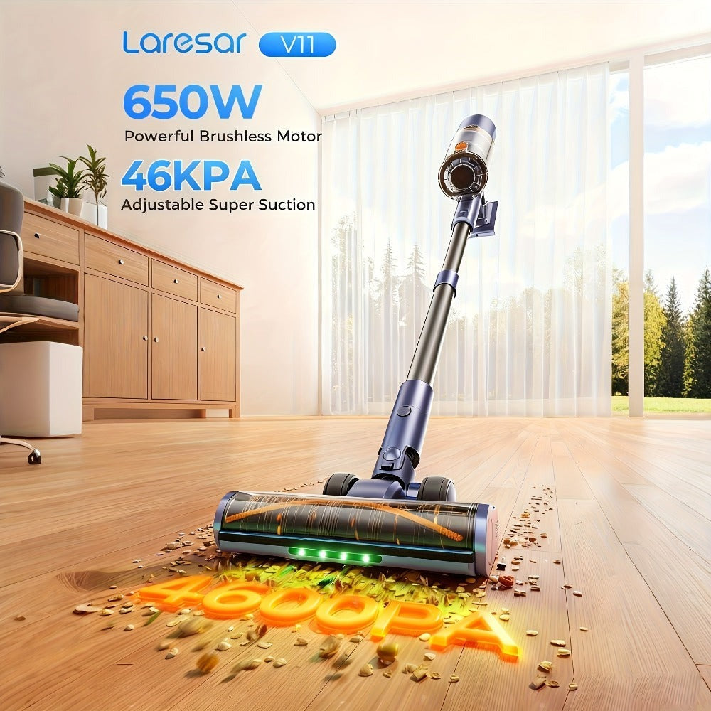 Laresar V11 Aspiradora Inalámbrica 650W/46Kpa 90Mins de Autonomía Aspiradoras de Mano con Base de Carga, Aspiradora Autónoma con Pantalla Táctil, Aspiradora 6 en 1 para Alfombras, Pisos Duros y Pelo de Mascotas