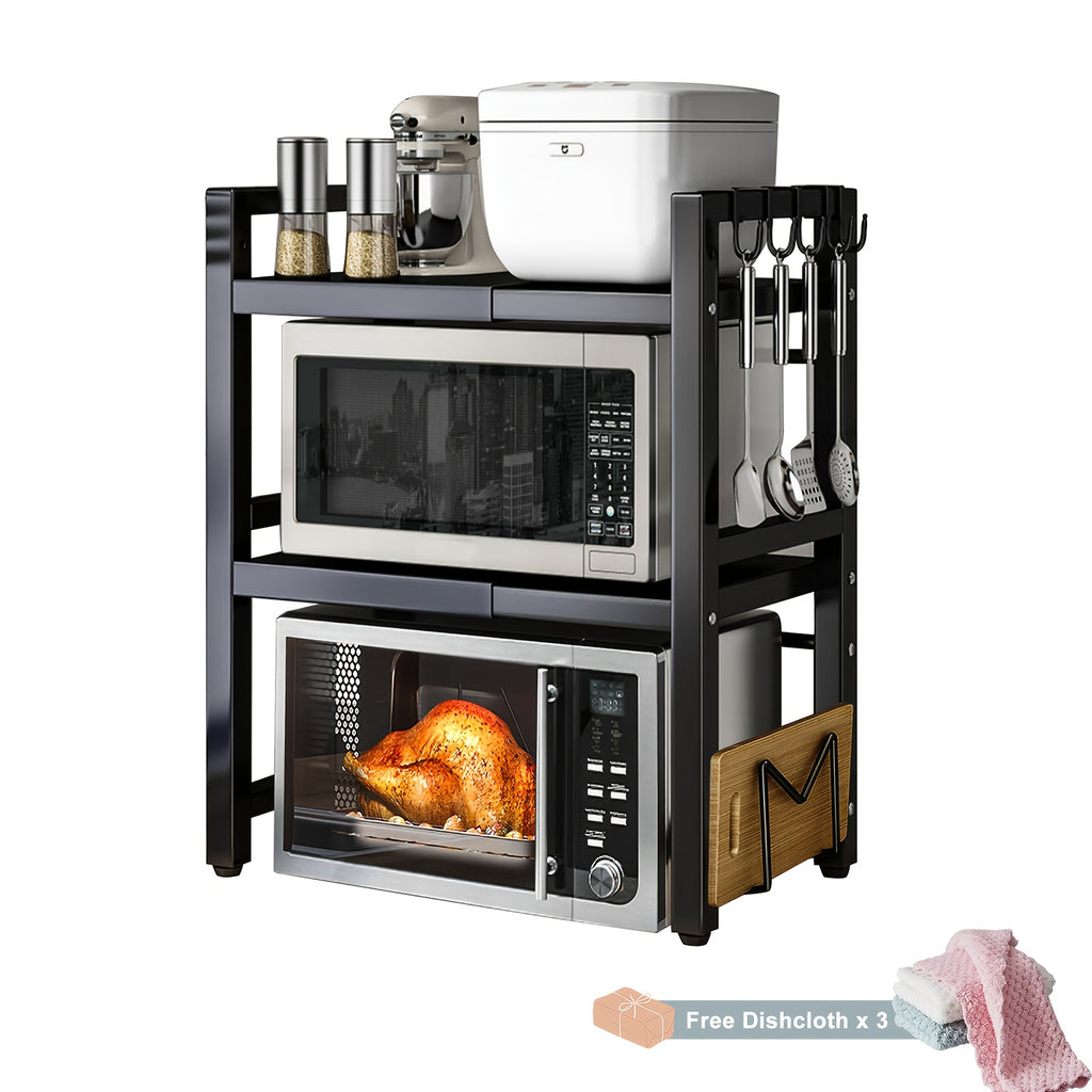 Estante para Microondas Devesanter, Estante de Cocina Extensible de 3 Niveles con 6 Ganchos, 3 Soportes para Toallas y 1 Soporte para Tabla de Cortar. Ideal para Estantes de Cocina, Estantes de Especias y Almacenamiento en Gabinetes de Microondas. . Se Ex