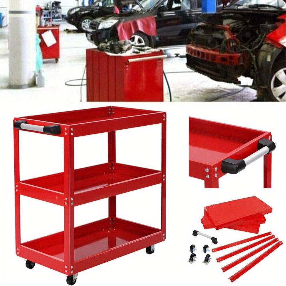 Carro de Herramientas de 3 Niveles ROJO, Almacenamiento de Herramientas, Carro de Garaje Resistente para Taller