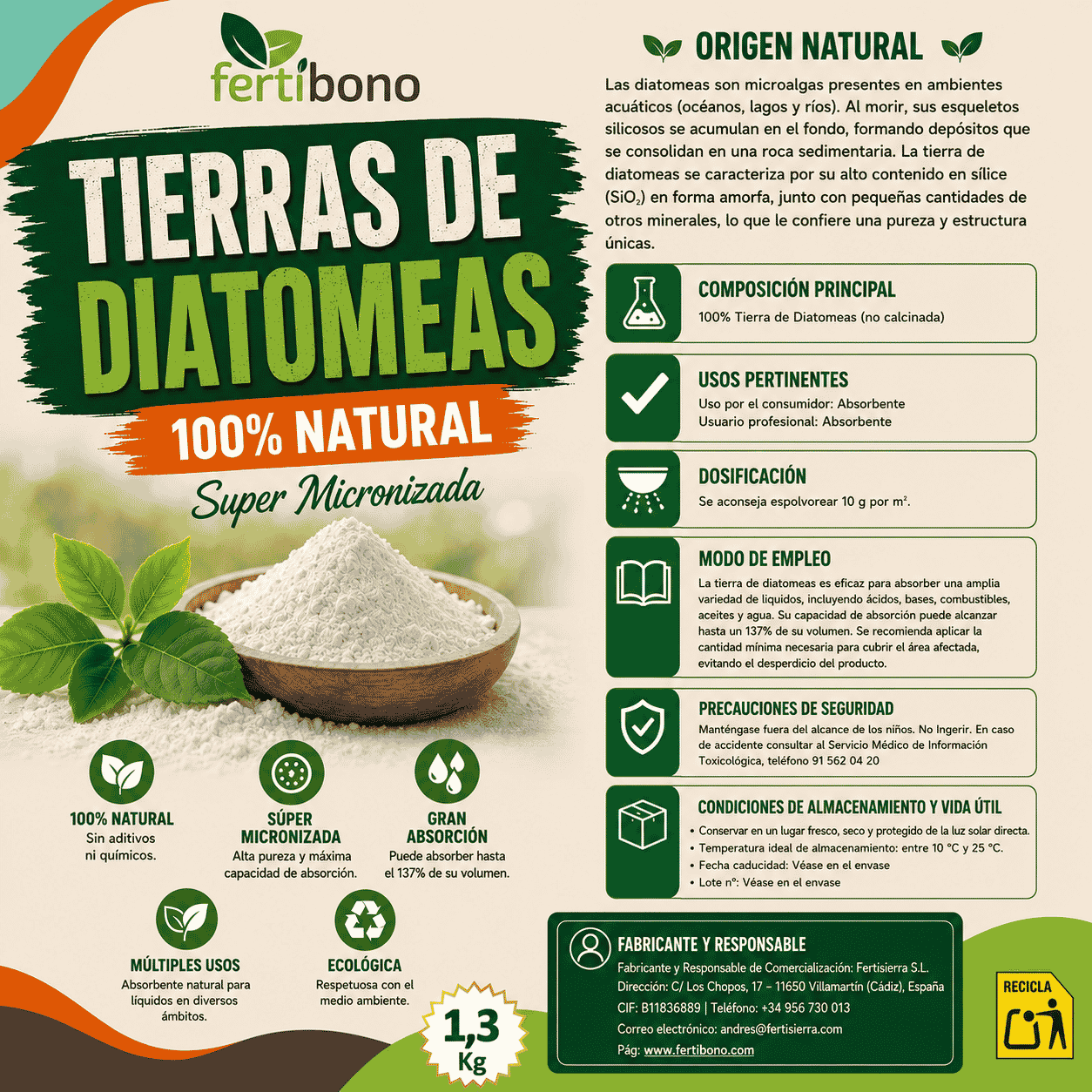 Tierra de Diatomeas Premium – 100% Natural | Polvo Ultrafino 1,3 kg |Múltiples Aplicaciones | Alta Pureza Super Blanca | Vegano y Seguro