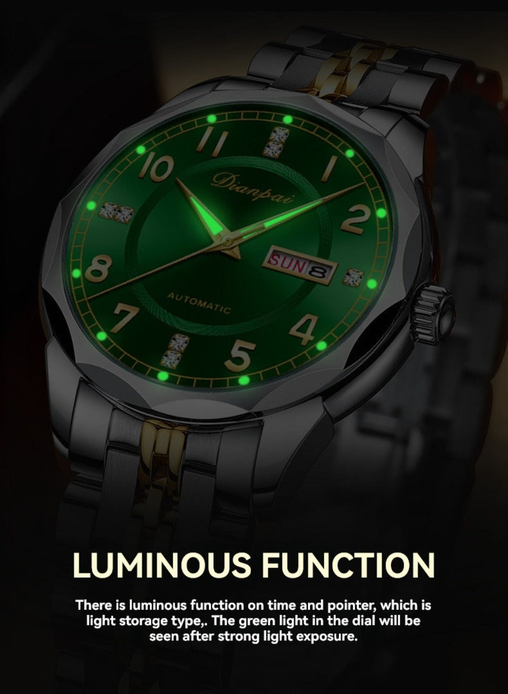 Reloj mecánico automático Dianpai para hombre - Acero inoxidable, esfera verde con marcadores dorados, indicador de fecha, pulsera de cadena de muñeca - Reloj de lujo para fiesta y uso casual, no necesita batería, regalo ideal para él, reloj de pulsera ca