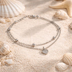 Tobillera para mujer bañada en plata 925, de 2 capas con colgante de corazón y pedrería, joya elegante de playa de verano, cadena de tobillo ajustable estilo bohemio, 20+7 cm, regalo para mujer