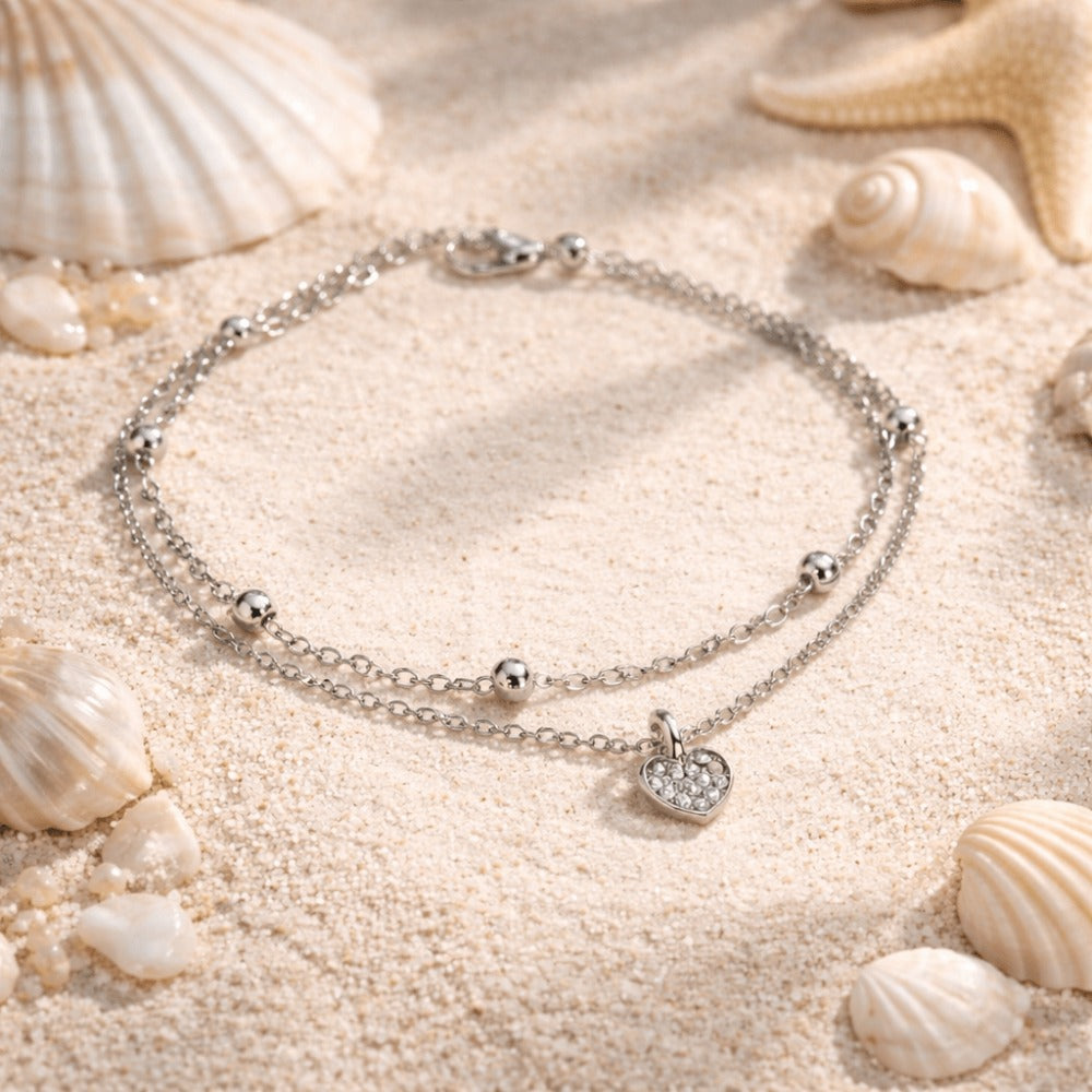 Tobillera para mujer bañada en plata 925, de 2 capas con colgante de corazón y pedrería, joya elegante de playa de verano, cadena de tobillo ajustable estilo bohemio, 20+7 cm, regalo para mujer