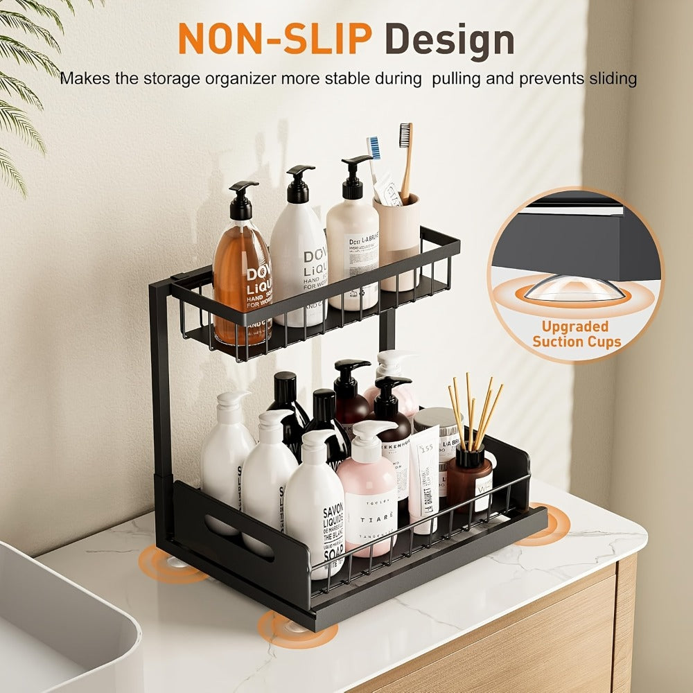 Organizador de Doble Capa para Debajo del Fregadero - Estante de Almacenamiento Extraíble de Plástico Resistente, Diseño Impermeable y Antioxidante que Ahorra Espacio, Adecuado para Cocina, Baño, Despensa, Lavandería - Fácil de Instalar