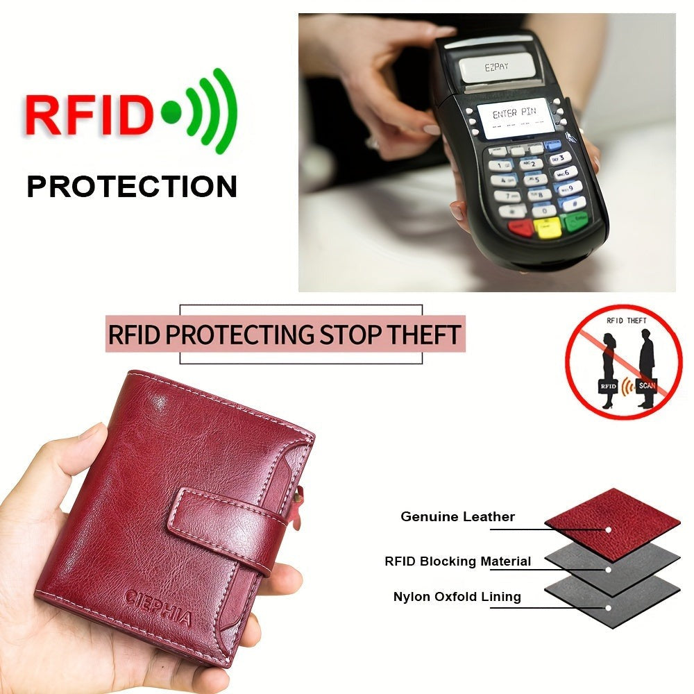 Monedero Ciephia de Cuero Genuino con Bloqueo RFID - Rojo Compacto con Detalles Dorados, 14 Ranuras para Tarjetas, Ventana Extraíble para DNI y Bolsillo con Cremallera para Monedas, Regalo Casual para San Valentín o el Día de la Madre, Apto para Hombres y