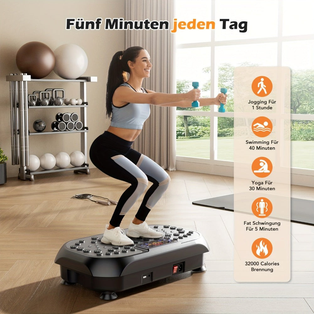 Plataforma de vibración inteligente con ajuste de 99 posiciones, masaje electromagnético y almohadilla Shiatsu para pies | Música USB, banda de resistencia | Plataforma de adelgazamiento silenciosa para pérdida de peso, escultura muscular, entrenamientos