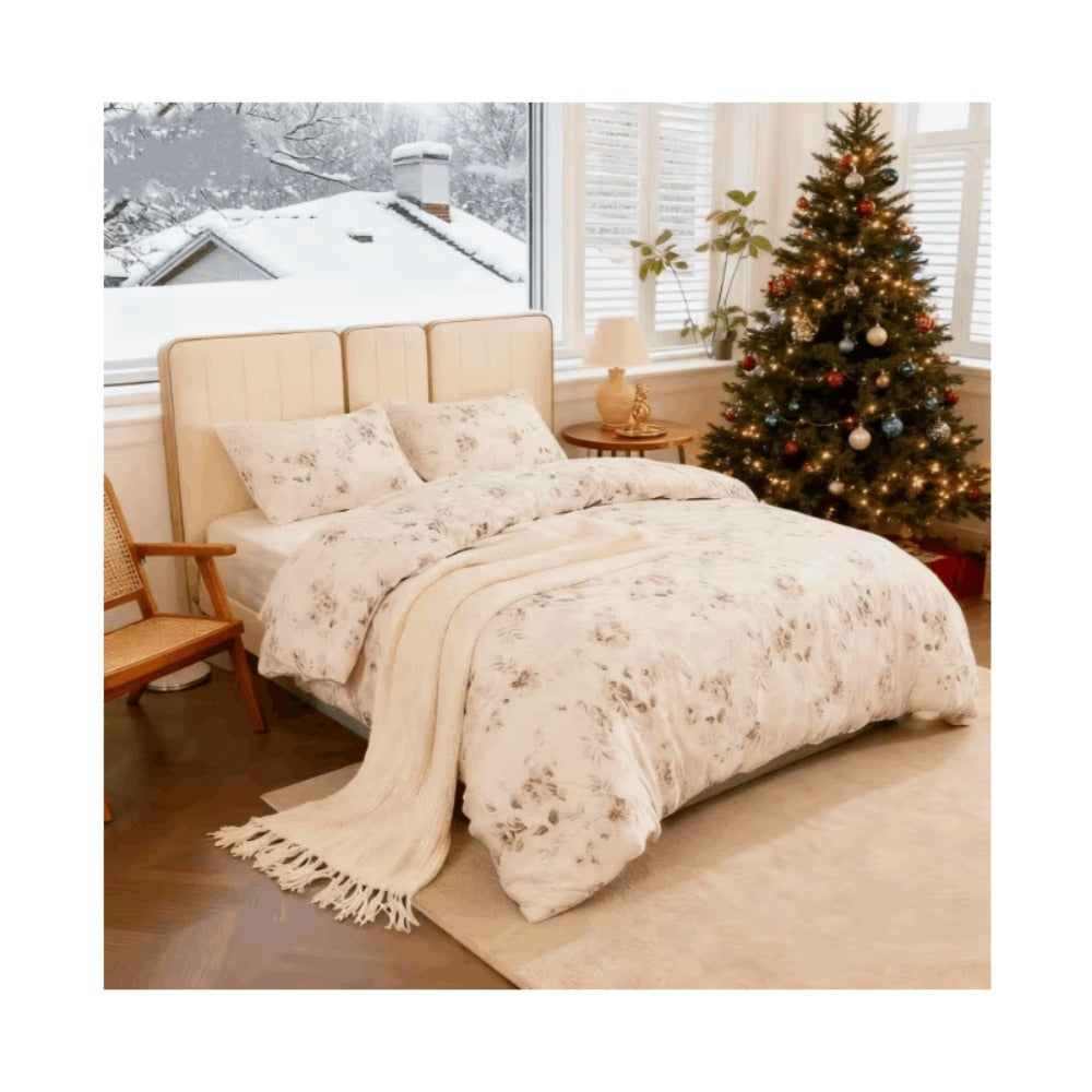 Juego de cama 4 piezas con funda elástica, (Funda de Edredón + Funda Protectora de Colchón + 1/2 Fundas de Almohada), Juego de Funda de Edredón 3-4 Piezas Estilo Nórdico de Color Sólido/Estampado, Ajustable para Camas de 90/105/135/150/180 cm, Regalo Navi