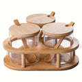 Almacén local, juego de tres tarros para condimentos con soportes triangulares. Tarros de cristal transparente para condimentos con cuchara de bambú y tapa de bambú. 280 ml × 3, aptos para sal, azúcar, especias, pimienta, tarros de condimentos de cocina