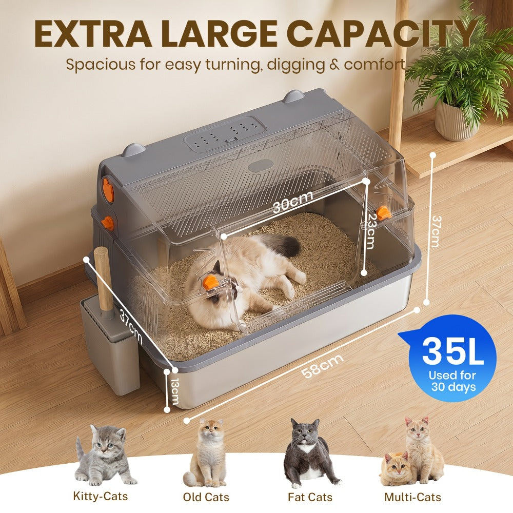 Bandeja de arena para gatos XXL de acero inoxidable con recinto desmontable, gran capacidad de 32L, incluye tapete XXL para arena de gato, pala metálica y escaleras para gatos mayores, apta para todos los gatos
