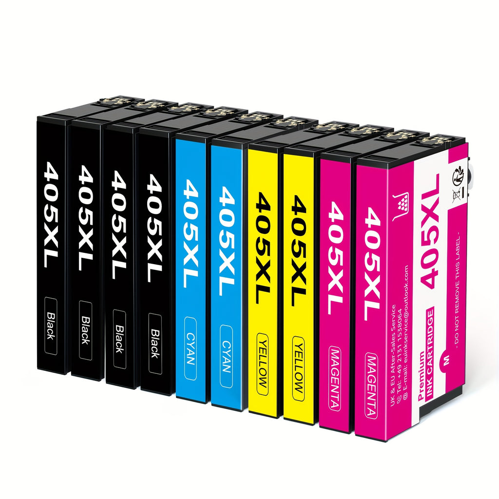 Un paquete de 10 cartuchos de tinta compatibles con la impresora Epson 405 XL, aptos para varios modelos Epson Workforce, incluyendo la EC-C 7000 Pro y la serie WF-3800