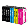 Un paquete de 10 cartuchos de tinta compatibles con la impresora Epson 405 XL, aptos para varios modelos Epson Workforce, incluyendo la EC-C 7000 Pro y la serie WF-3800