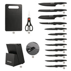 Juego de cuchillos de cocina de acero inoxidable con revestimiento antiadherente, juego de 15 cuchillos de cocina profesionales con bloque de madera negra, mango de ABS antideslizante para cuchillos de chef, tabla de cortar de plástico y tijeras de cocina