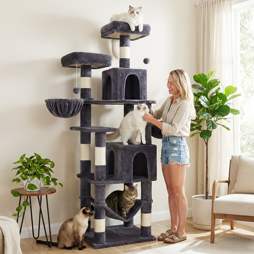 Rascador para gatos | AMHANCIBLE Árbol para gatos enorme, 180 cm, para gatos grandes adultos de interior, torre para gatos con 8 postes