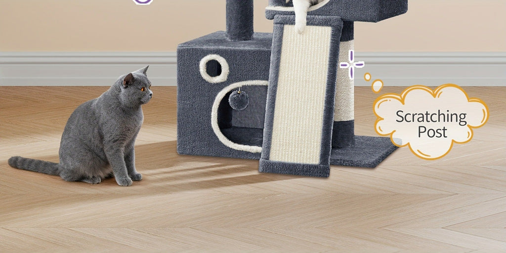 Torre para Gatos Pequeña, 98Cm de Alto, Espaciosa y Robusta, con un Perch Grande Suave, Juguetes de Felpa, Escondites, Postes para Rascar, Alfombrilla para Rascar Gatos, Disponible en Gris Claro/Gris Oscuro/Beige