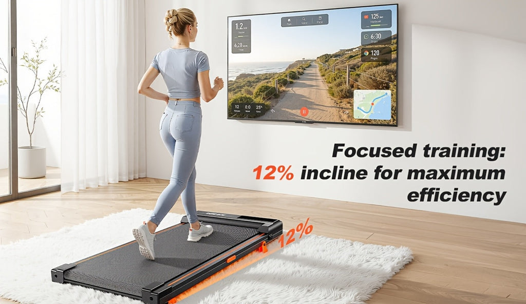 Alfombra de caminar con inclinación del 12%, quema 50% más de calorías, alfombra de caminar para escritorio, máquina de caminar portátil silenciosa de 30Db con carga de 100KG para fitness en casa, sin batería