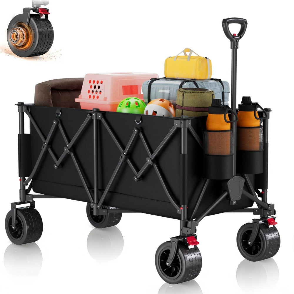 Carro plegable todoterreno de alta resistencia de 300L, carro profesional con certificación GS, ruedas de PU de 17cm con frenos, lona duradera gris oscuro Jet Black, plegable para sitios de construcción/camping, carro profesional