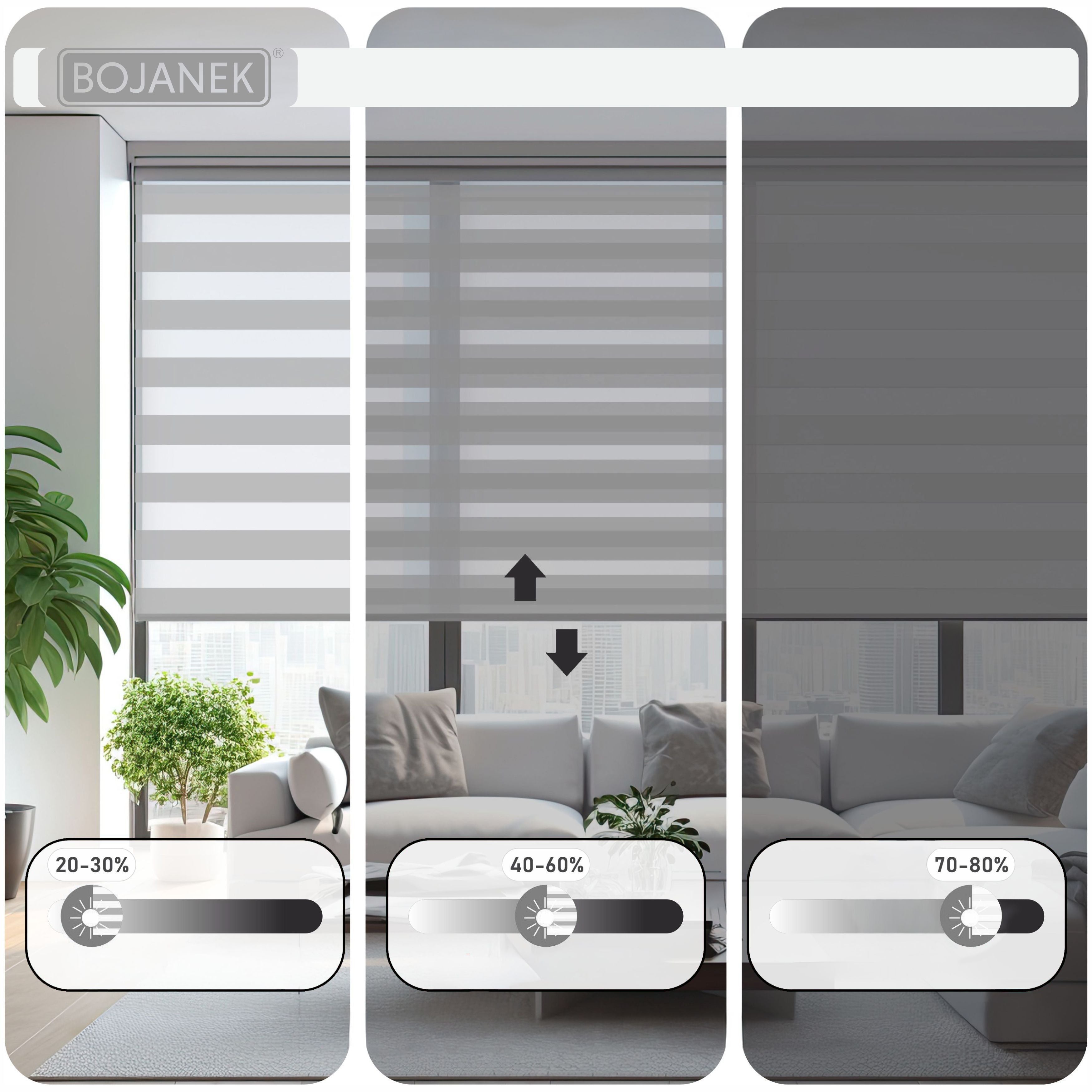 Persiana Día y Noche - Gris Claro - 32 Tamaños - BOJANEK Día y Noche - Instalación No Invasiva, Sin Necesidad de Taladrar, Ajuste por Cadena, Soportes Ajustables para Diferentes Grosos de Ventanas, Diseño Moderno, Protección de Luz y Privacidad, Perfecta