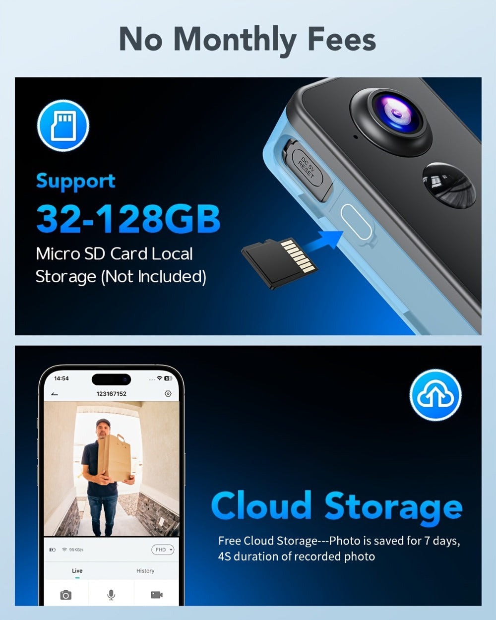 Timbre sin varillas para seguridad del hogar, cámara de seguridad con visión nocturna, 960P HD, detección de movimiento PIR, batería recargable de 2600mAh - Fácil de montar y controlado por aplicación, cámara de seguridad inalámbrica para el hogar, timbre