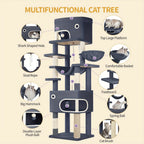 Árbol para Gatos, 203 cm con Plataforma Grande, Cueva Doble, 7 Postes Rascadores Pomponas Reposadería Hamaca Adecuado Para Todo TipodeGato Gris Claro/grisescuro Beige