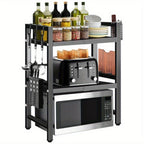 Estante de microondas expandible de 3 niveles, con 4 ganchos, ancho y altura ajustables, organizador de encimera de cocina, estantes de almacenamiento para ollas, sartenes y parrillas, ancho 40-64cm, negro, estante de pie