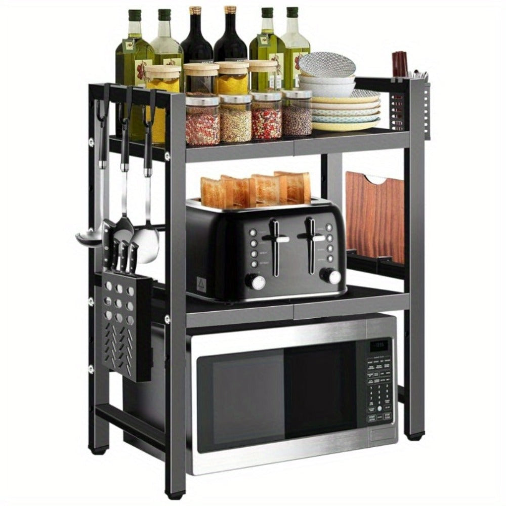 Estante de microondas expandible de 3 niveles, con 4 ganchos, ancho y altura ajustables, organizador de encimera de cocina, estantes de almacenamiento para ollas, sartenes y parrillas, ancho 40-64cm, negro, estante de pie