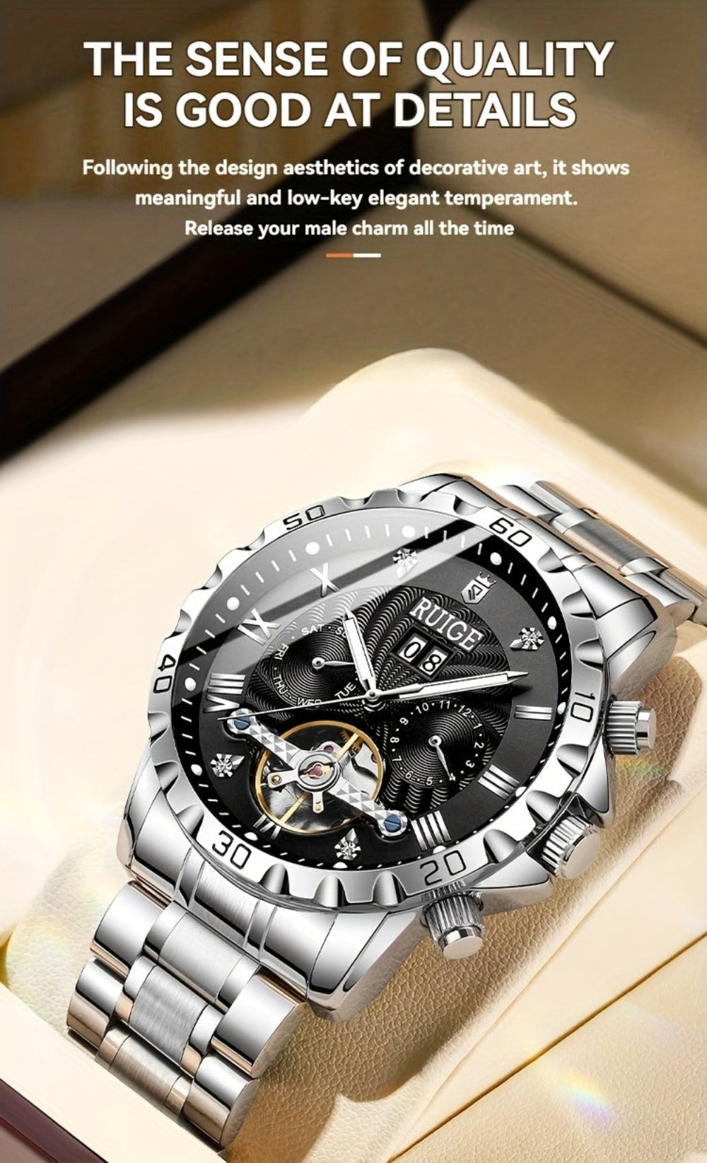 Reloj mecánico automático de lujo para hombres con indicador de día y fecha, adecuado para ocasiones formales e informales, un regalo perfecto
