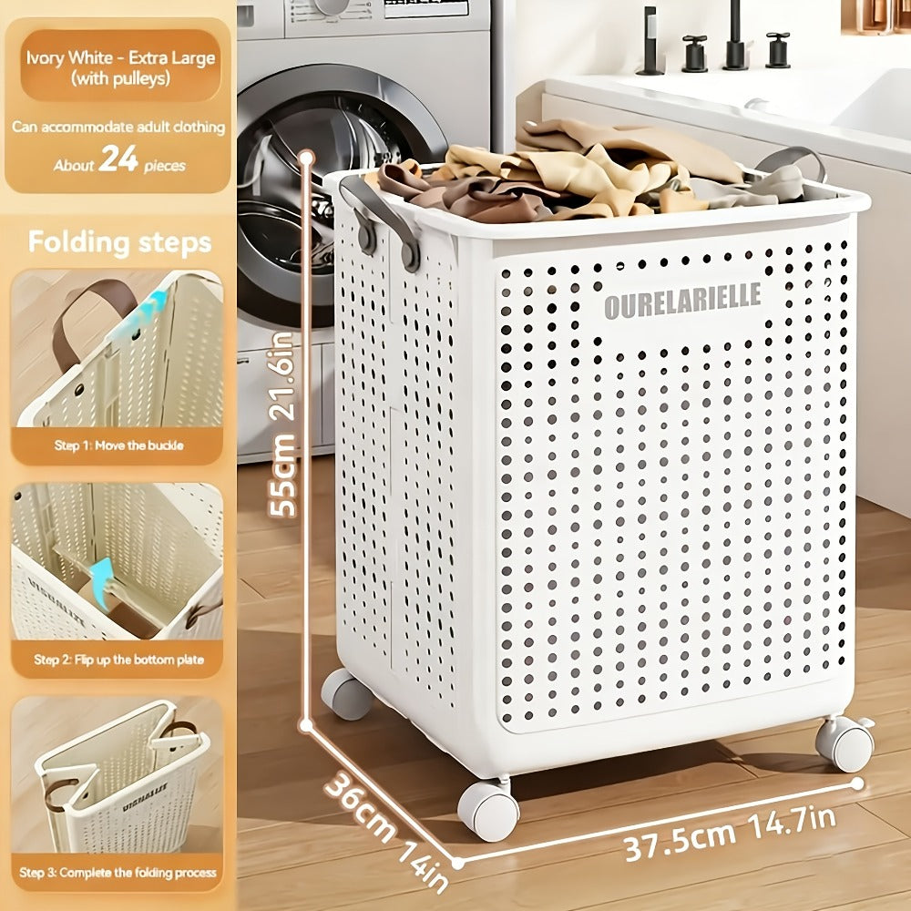 Cesta de Ropa Grande Plegable con Ruedas, Cuero Sintético Color Sólido, Versátil y Portátil para Almacenamiento en Baño y Balcón, 15.8/205GaA, Varios Tamaños Disponibles, Bolsa de Ropa para Lavandería, Cestas de Ropa
