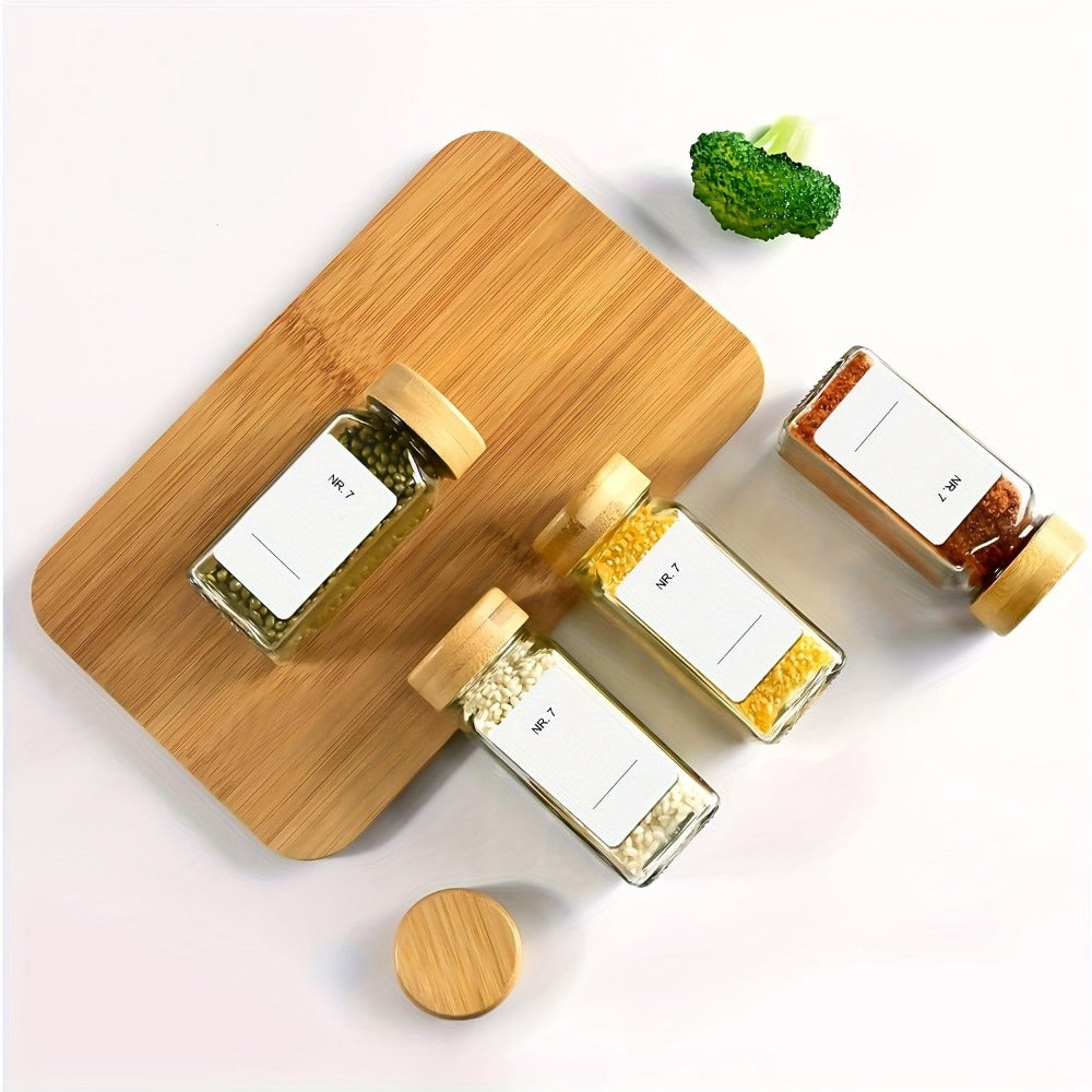 Juego de 24 frascos cuadrados para especias, cada uno de 120 ml, con tapas de bambú y etiquetas manuscritas para organizar y guardar especias en la cocina