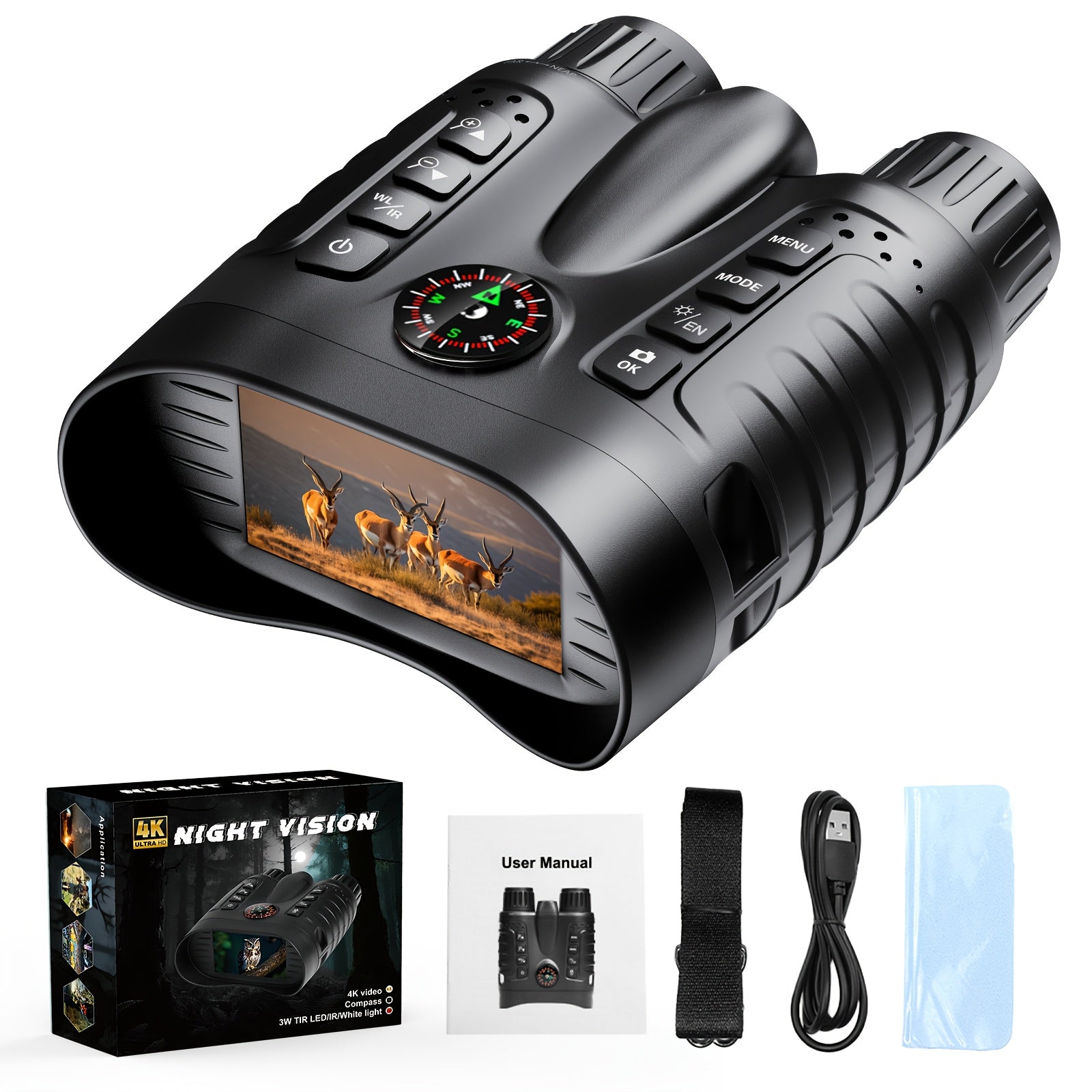 Binoculares de Visión Nocturna Infrarroja 4K con Gafas Protectoras, Zoom 8x, Capacidad de Grabación de Fotos y Videos, Batería Recargable de Larga Duración, Pantalla Grande de 8.13 cm, Incluye Correa de Transporte, Portátil para Excursiones, Versátil para