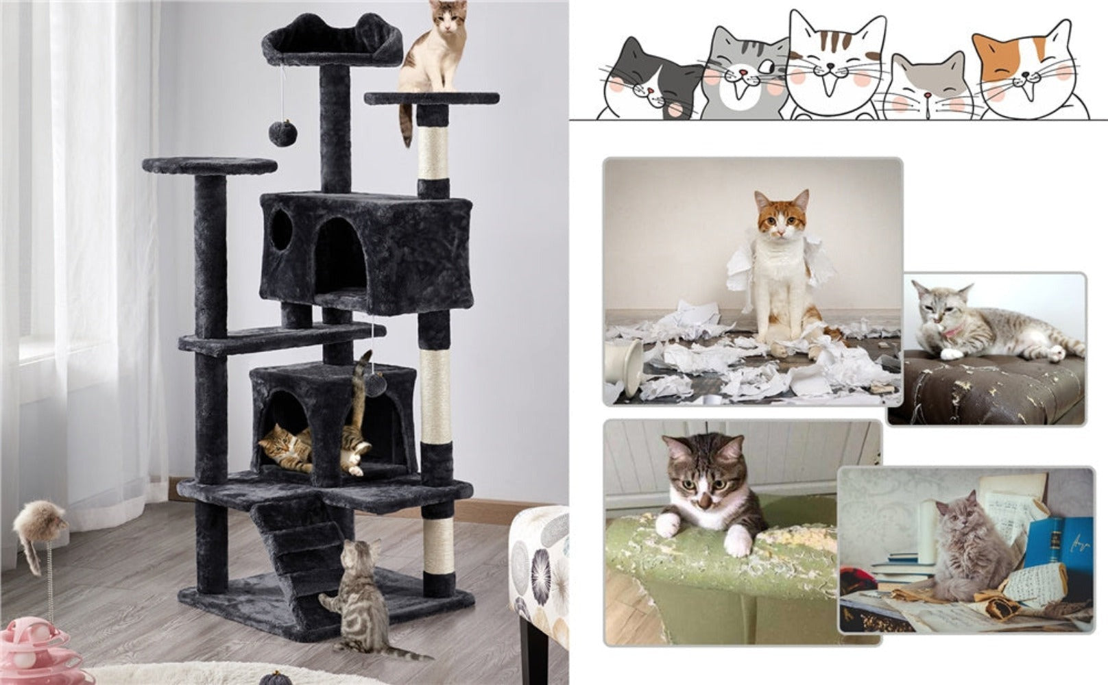 Costoffs Poste para Rascar de Gatos de 138 cm, Árbol Resistente con Pelota de Juego y Cueva para Gatos, Torre de Rascado y Escalada para Gatos, Casa para Gatos